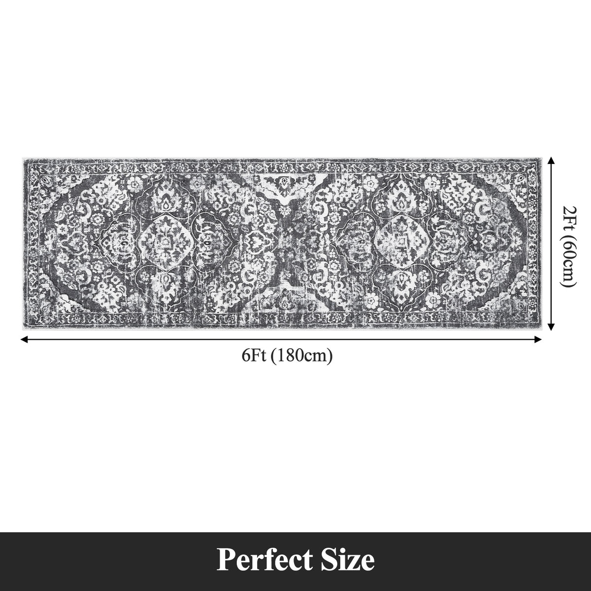 MeyJey Boho Indoor Hallway Runner Rug, Oriental Non Slip Machine Washable Area Rug Distressed Vintage Floor Carpet for Bedroom Kitchen Dinning/Living/Laundry Room, Gray