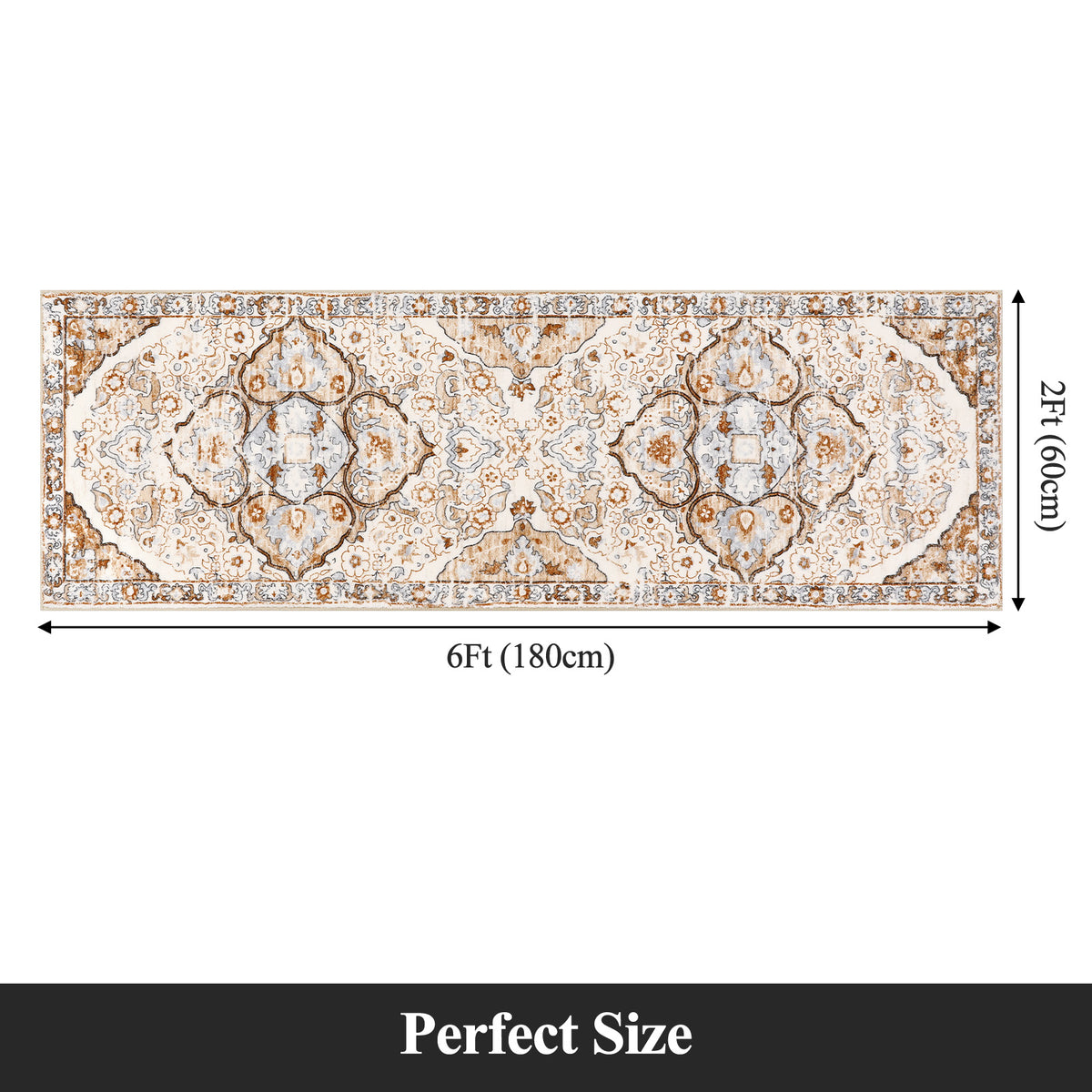 MeyJey Boho Indoor Hallway Runner Rug, Oriental Non Slip Machine Washable Area Rug Distressed Vintage Floor Carpet for Bedroom Kitchen Dinning/Living/Laundry Room, Cream/Orange