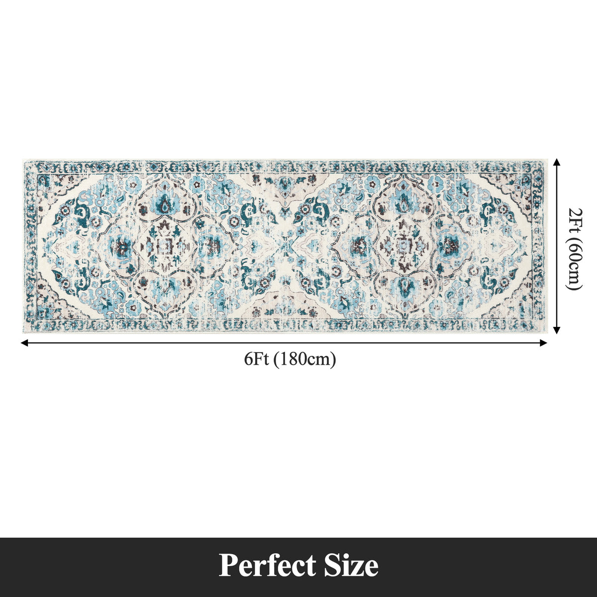 MeyJey Boho Indoor Hallway Runner Rug, Oriental Non Slip Machine Washable Area Rug Distressed Vintage Floor Carpet for Bedroom Kitchen Dinning/Living/Laundry Room, Blue/Beige