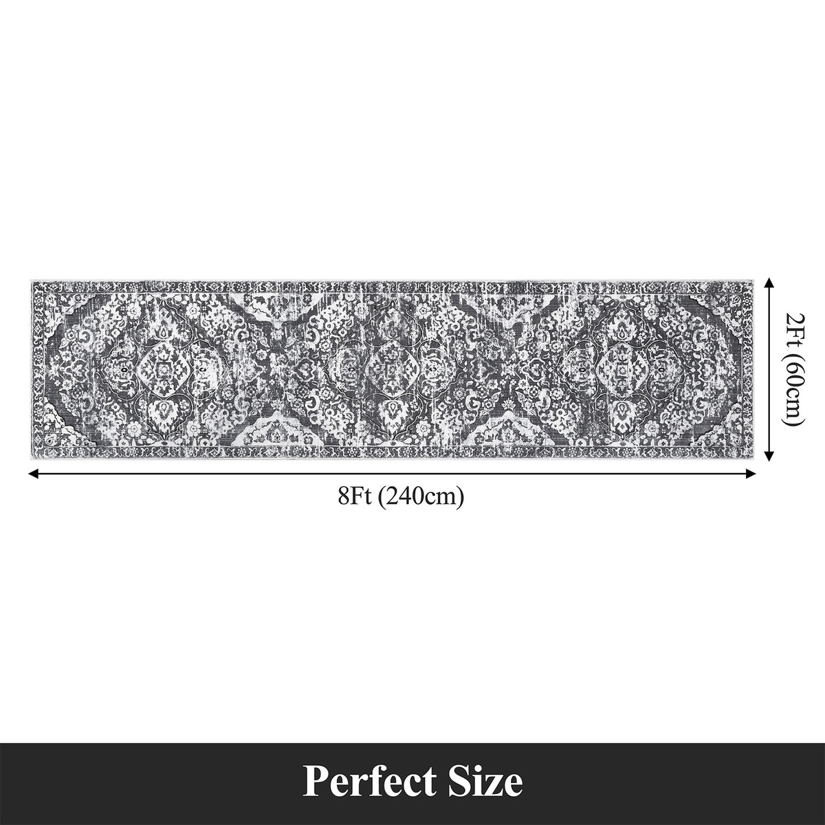MeyJey Boho Indoor Hallway Runner Rug, Oriental Non Slip Machine Washable Area Rug Distressed Vintage Floor Carpet for Bedroom Kitchen Dinning/Living/Laundry Room, Gray
