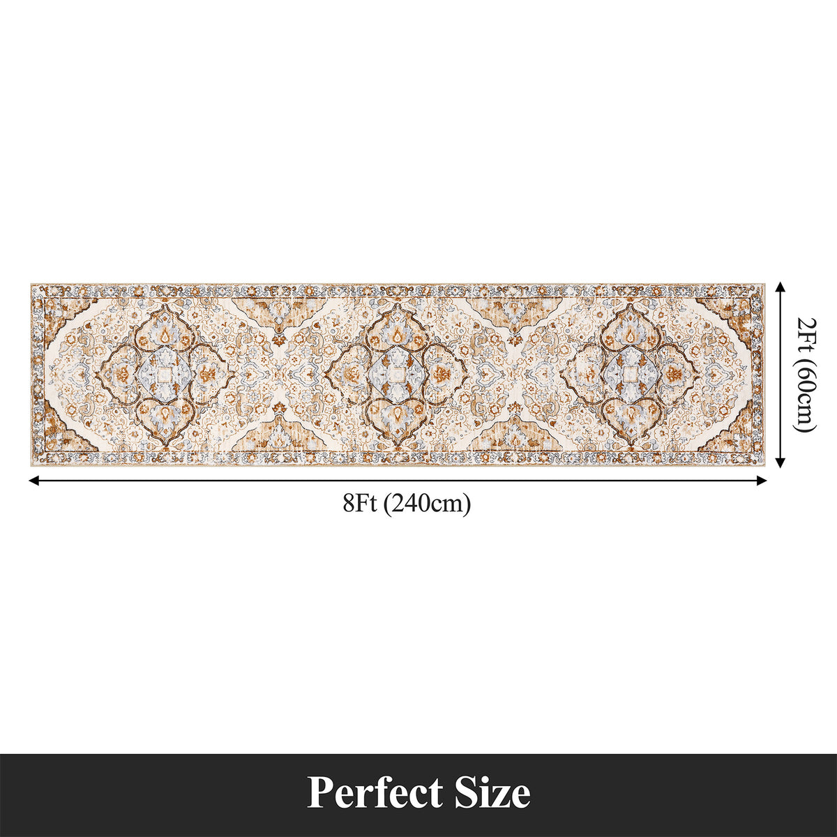 MeyJey Boho Indoor Hallway Runner Rug, Oriental Non Slip Machine Washable Area Rug Distressed Vintage Floor Carpet for Bedroom Kitchen Dinning/Living/Laundry Room, Cream/Orange
