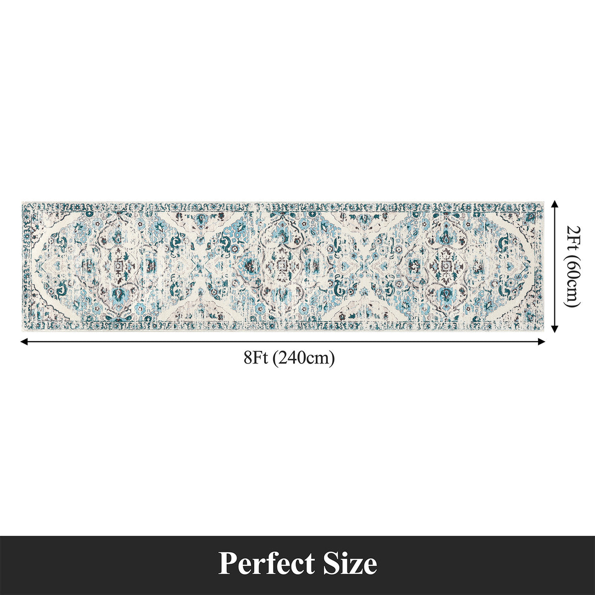 MeyJey Boho Indoor Hallway Runner Rug, Oriental Non Slip Machine Washable Area Rug Distressed Vintage Floor Carpet for Bedroom Kitchen Dinning/Living/Laundry Room, Blue/Beige