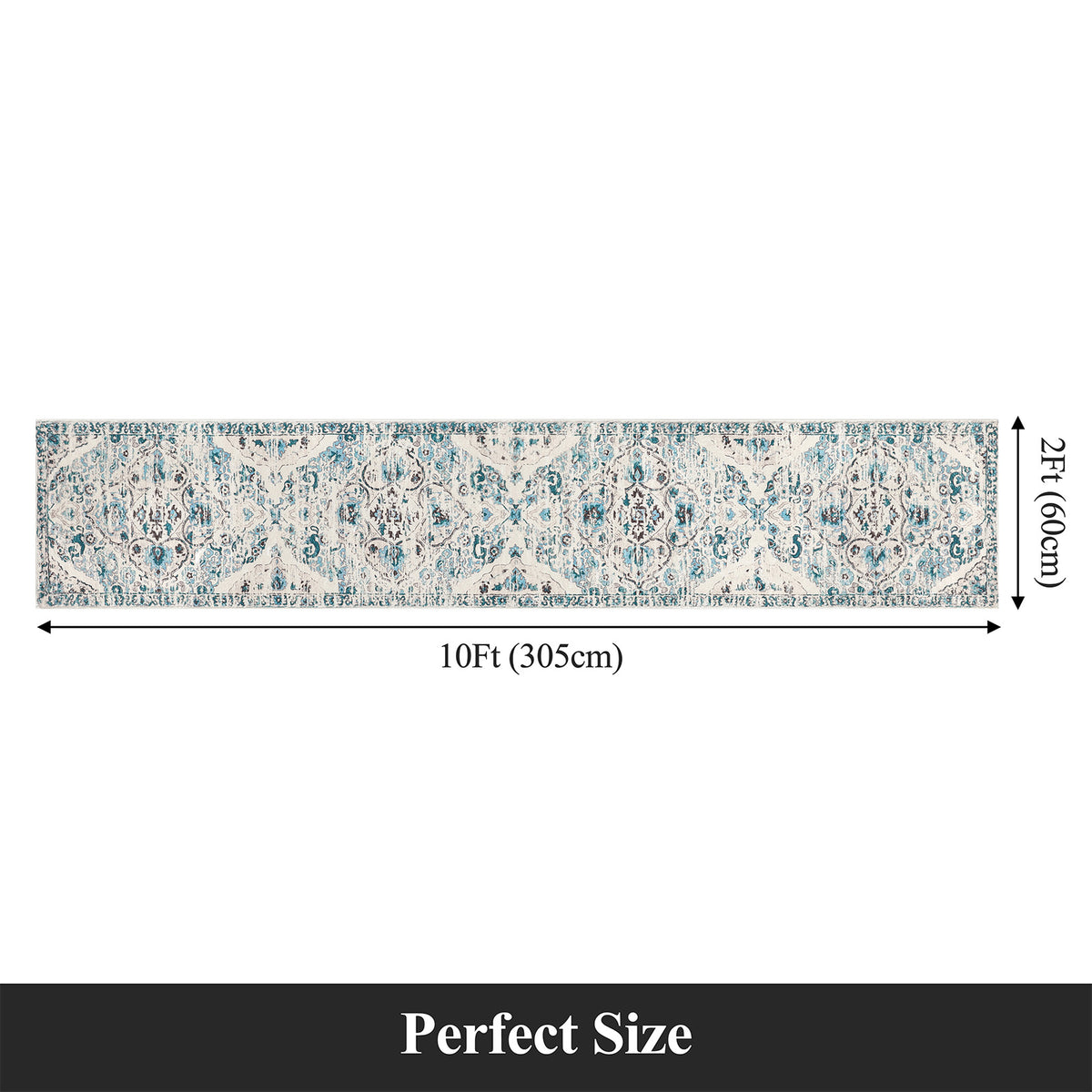 MeyJey Boho Indoor Hallway Runner Rug, Oriental Non Slip Machine Washable Area Rug Distressed Vintage Floor Carpet for Bedroom Kitchen Dinning/Living/Laundry Room, Blue/Beige