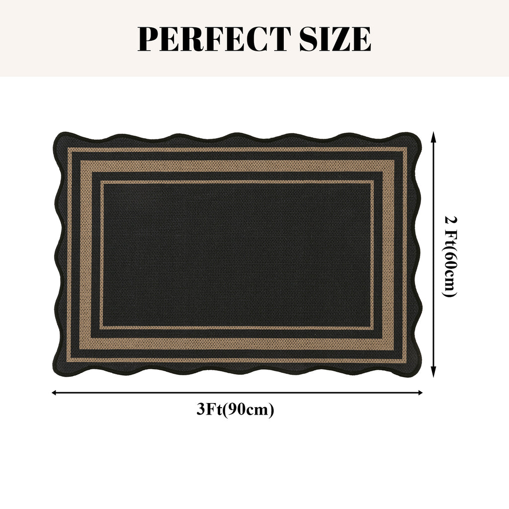 MeyJey Door Mats for Front Door, 24“x36“ Non Slip Solid Tan Jute Scalloped Washable Black Area Rug,Indoor Carpet for Entryway Laundry Room Floor Mats