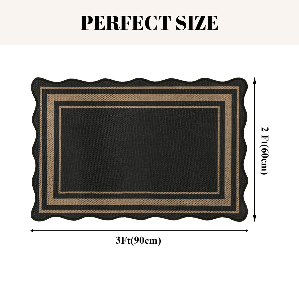 MeyJey Door Mats for Front Door, 24“x36“ Non Slip Solid Tan Jute Scalloped Washable Black Area Rug,Indoor Carpet for Entryway Laundry Room Floor Mats
