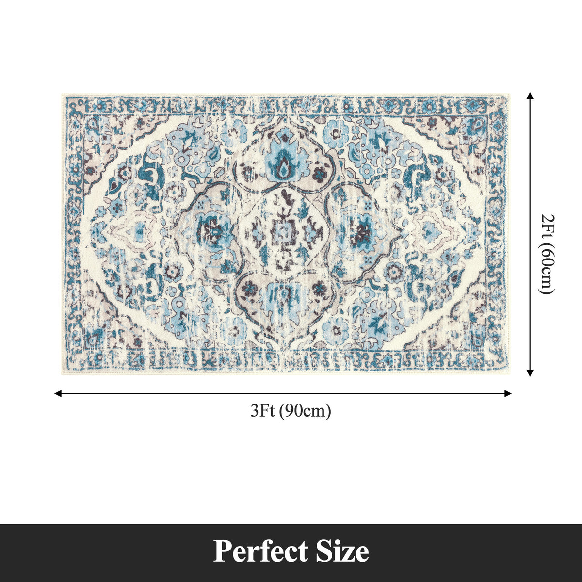 MeyJey Boho Indoor Hallway Runner Rug, Oriental Non Slip Machine Washable Area Rug Distressed Vintage Floor Carpet for Bedroom Kitchen Dinning/Living/Laundry Room, Blue/Beige