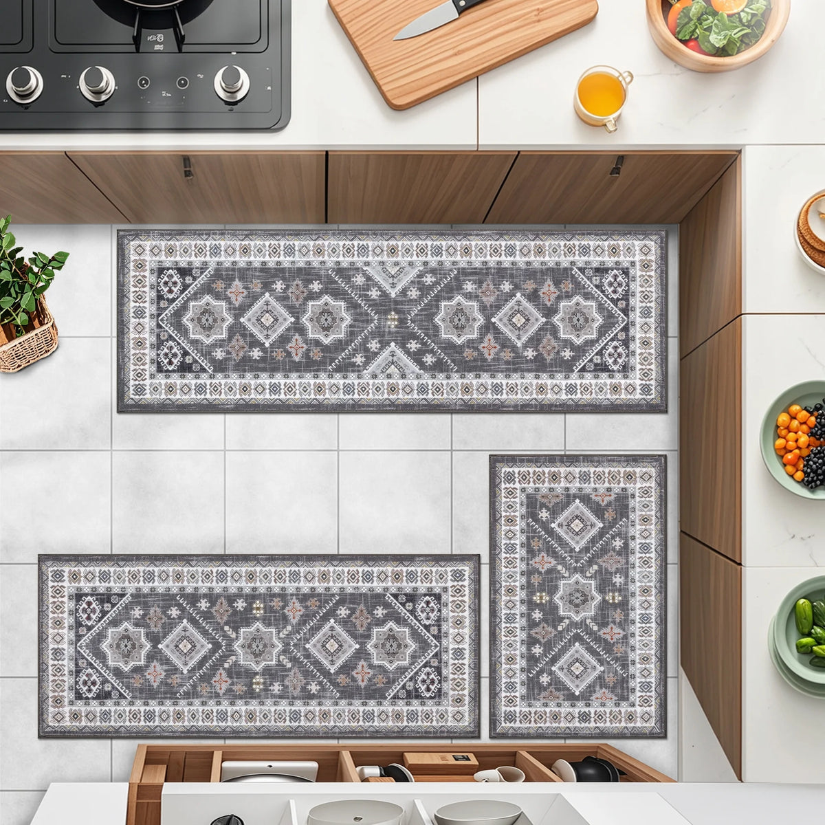 eyJey Vintage Kitchen Rug Set, 3 Piece Non-Slip Kitchen Mat Machine Washable Runner Rug for Home Floor and Living Room