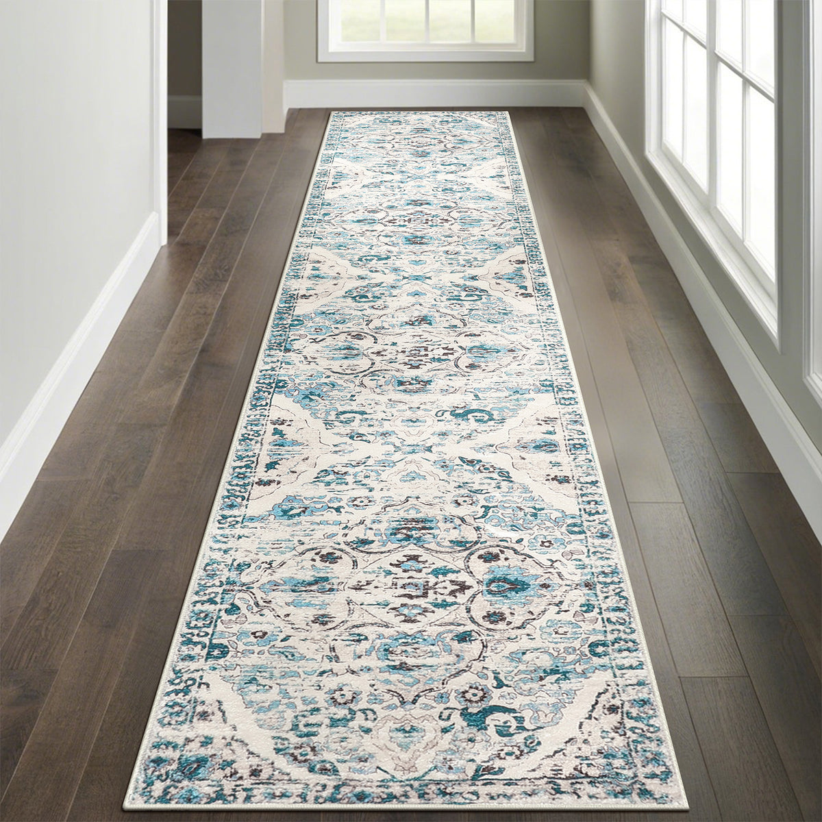 MeyJey Boho Indoor Hallway Runner Rug, Oriental Non Slip Machine Washable Area Rug Distressed Vintage Floor Carpet for Bedroom Kitchen Dinning/Living/Laundry Room, Blue/Beige
