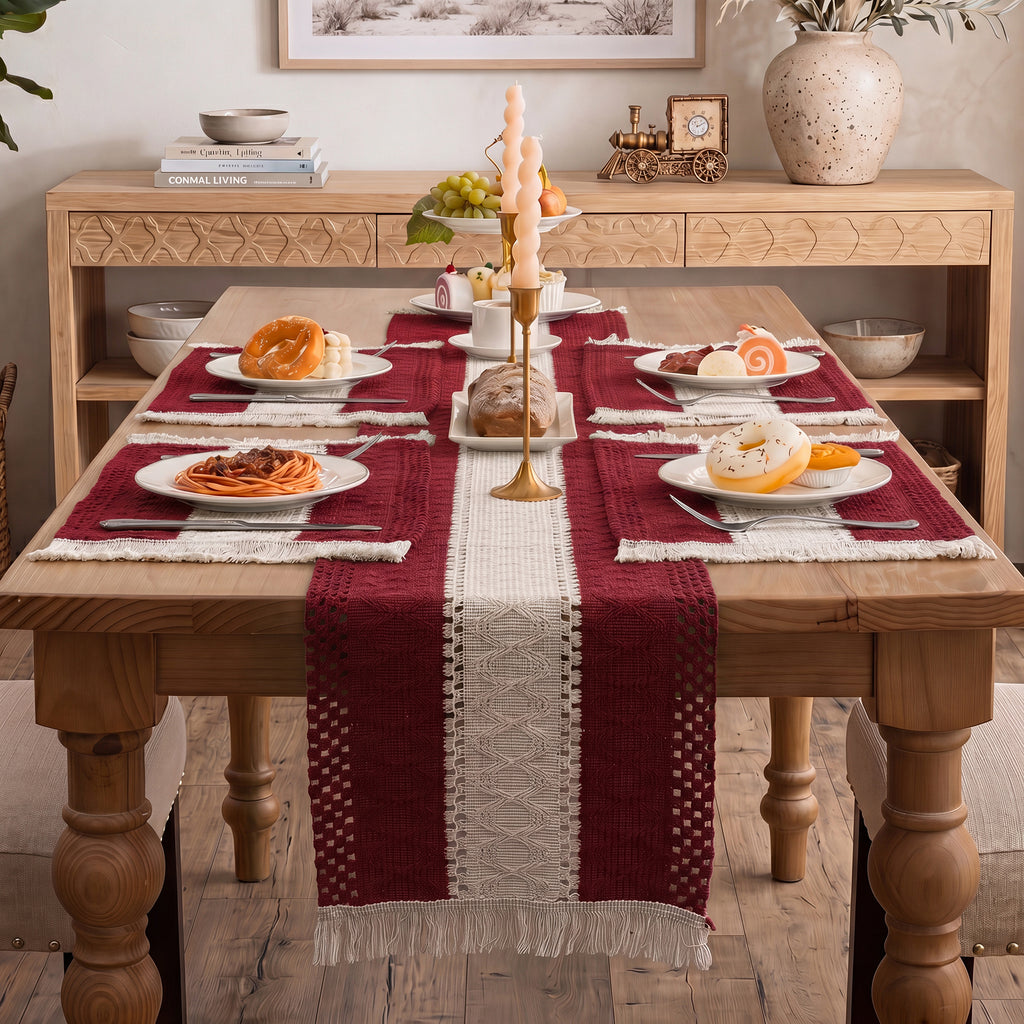 MeyJey 5Pcs Table Runner and Placemats Set, Washable Fabric Rectangle Dining Table Mats with Tassels for Dining Tables, Kitchen, Red