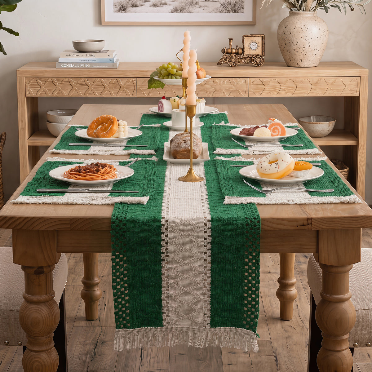 MeyJey 5 Pcs Table Runner and Placemats Set, Washable Fabric Rectangle Dining Table Mats with Tassels for Dining Tables, Kitchen, Green/Beige
