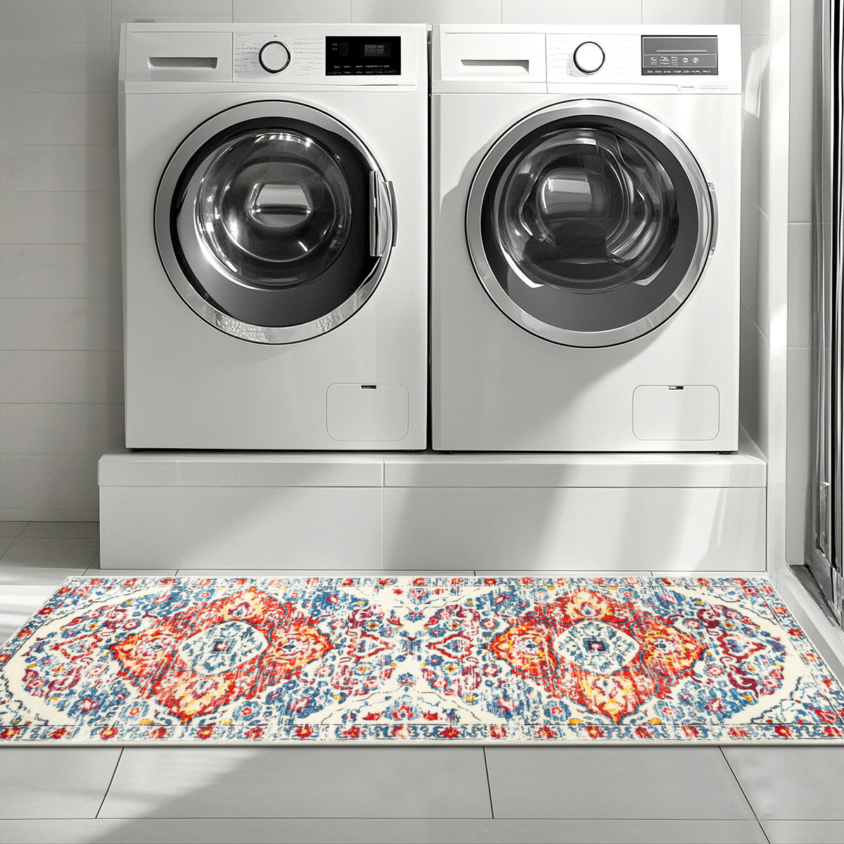 MeyJey Boho Indoor Hallway Runner Rug, Oriental Non Slip Machine Washable Area Rug Distressed Vintage Floor Carpet for Bedroom Kitchen Dinning/Living/Laundry Room, Red/Blue/Beige