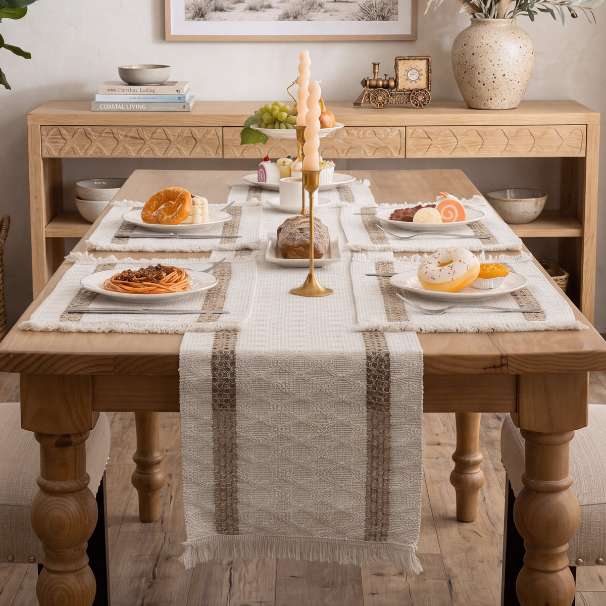 MeyJey 5 Pcs Table Runner and Placemats Set, Washable Fabric Rectangle Dining Table Mats with Tassels for Dining Tables, Kitchen, khaki