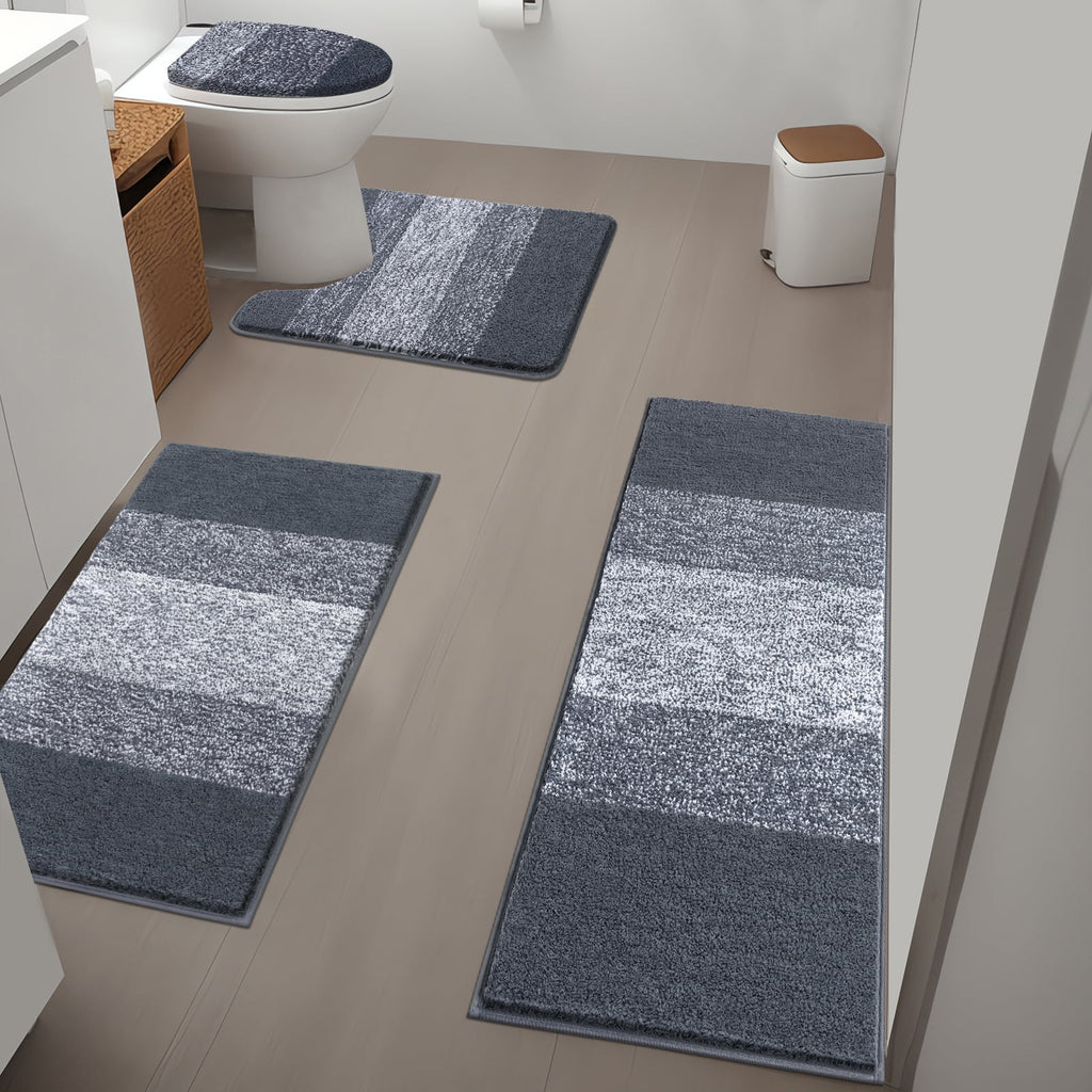 MeyJey Striped Microfiber Bath Rug Set Non-Slip, Brown, 4 Count, Machine Washable