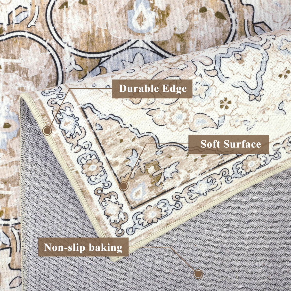 MeyJey Boho Indoor Living Room Area Rug, Non-Slip Machine Washable Vintage Oriental Distressed Floor Carpet for Bedroom Dining Kitchen Hallway Nursery, Beige/Brown