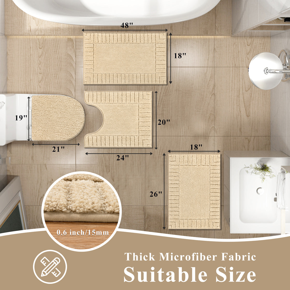 MeyJey Bathroom Rugs Bath Mat Set 4 Pieces , Microfiber Shaggy Bath Set, Non-Slip Machine Washable Bath Mats for Bathroom, Tub, Shower with Contour Mat