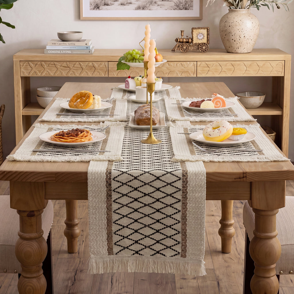 MeyJey 5 Pcs Table Runner and Placemats Set, Washable Fabric Rectangle Dining Table Mats with Tassels for Dining Tables, Kitchen, Black/Beige/Brown