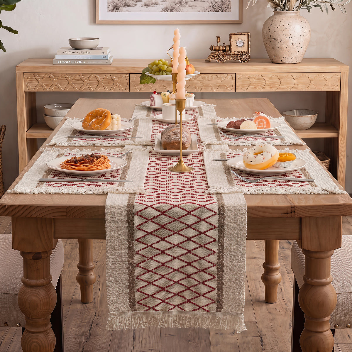 MeyJey 5 Pcs Table Runner and Placemats Set, Washable Fabric Rectangle Dining Table Mats with Tassels for Dining Tables, Kitchen, Red/Beige