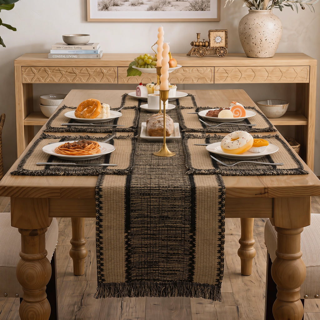 MeyJey 5Pcs Table Runner and Placemats Set, Washable Fabric Rectangle Dining Table Mats with Tassels for Dining Tables, Kitchen, Black/Beige