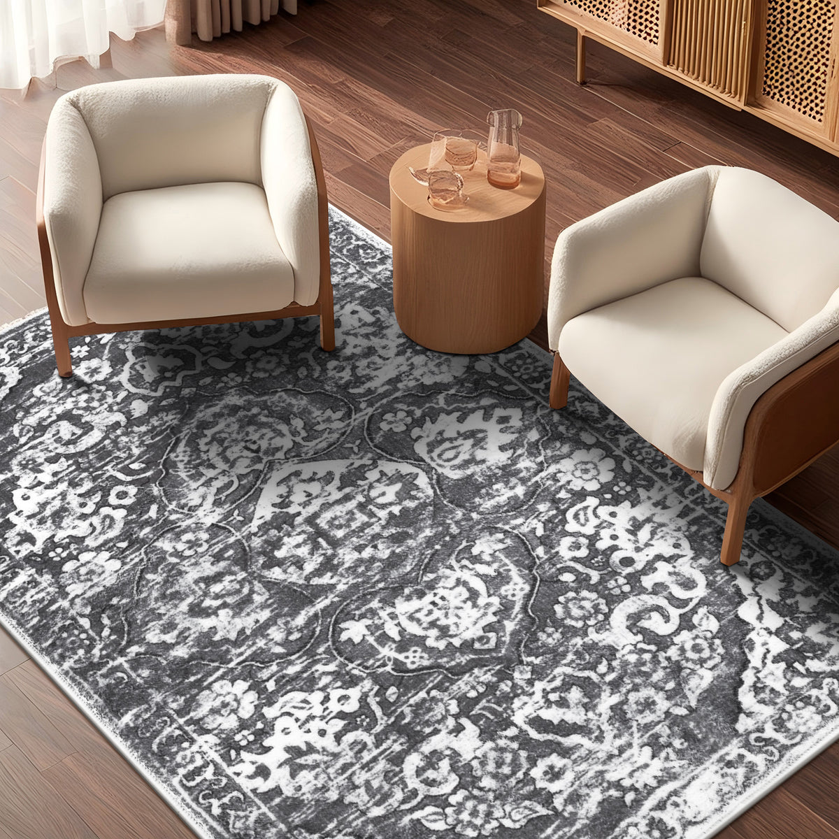 MeyJey Boho Indoor Hallway Runner Rug, Oriental Non Slip Machine Washable Area Rug Distressed Vintage Floor Carpet for Bedroom Kitchen Dinning/Living/Laundry Room, Gray