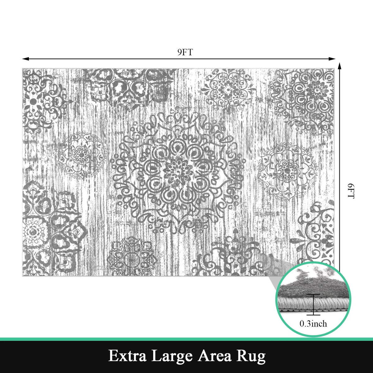 MeyJey Boho Indoor Area Rug Non-Slip Machine Washable Vintage Distressed Floor Carpet for Living Room Bedroom Dining Kitchen Hallway, Light Gray