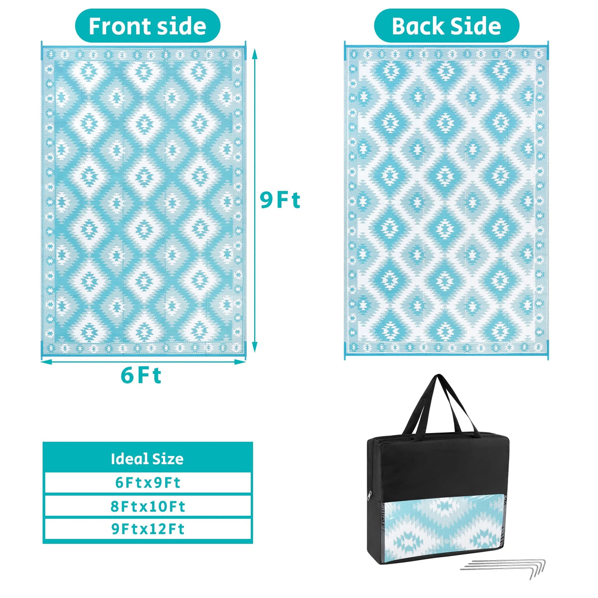 MeyJey 6'x9' Outdoor Rug Reversible Waterproof Oversize Indoor/Outdoor Plastic Mat for RV, Camping, Patio, Teal