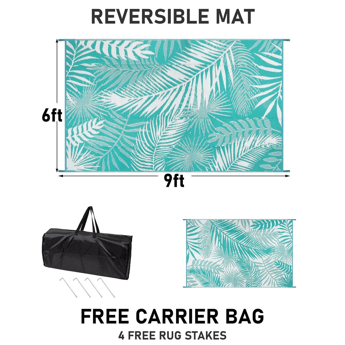 MeyJey Outdoor Rug, Reversible Waterproof Area Rug, Plastic Mat for RV Patio Camping, Teal