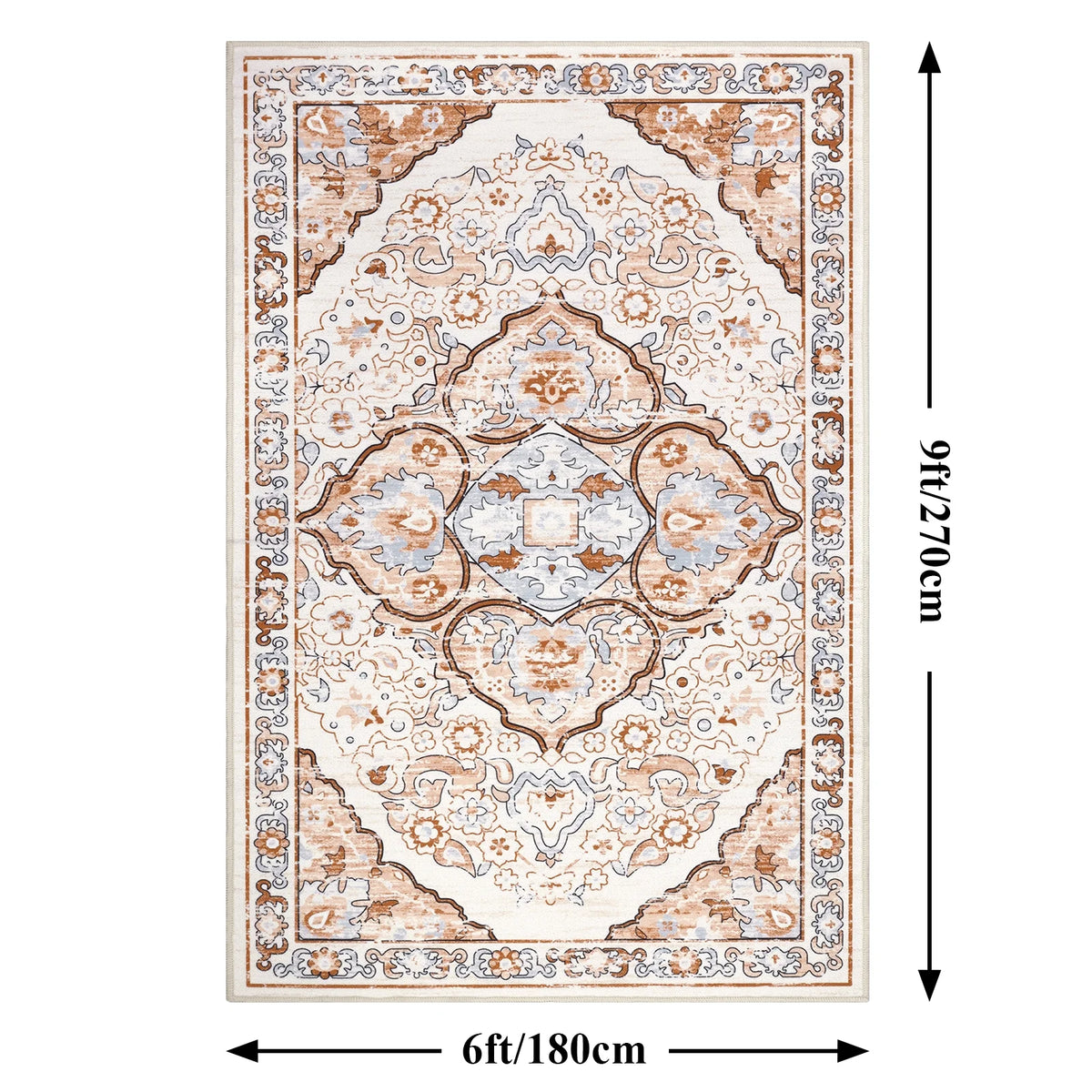 MeyJey Boho Indoor Living Room Area RugNon-Slip Machine Washable Vintage Oriental Distressed Floor Carpet for Bedroom Dining Kitchen Hallway Nursery, Cream/Orange