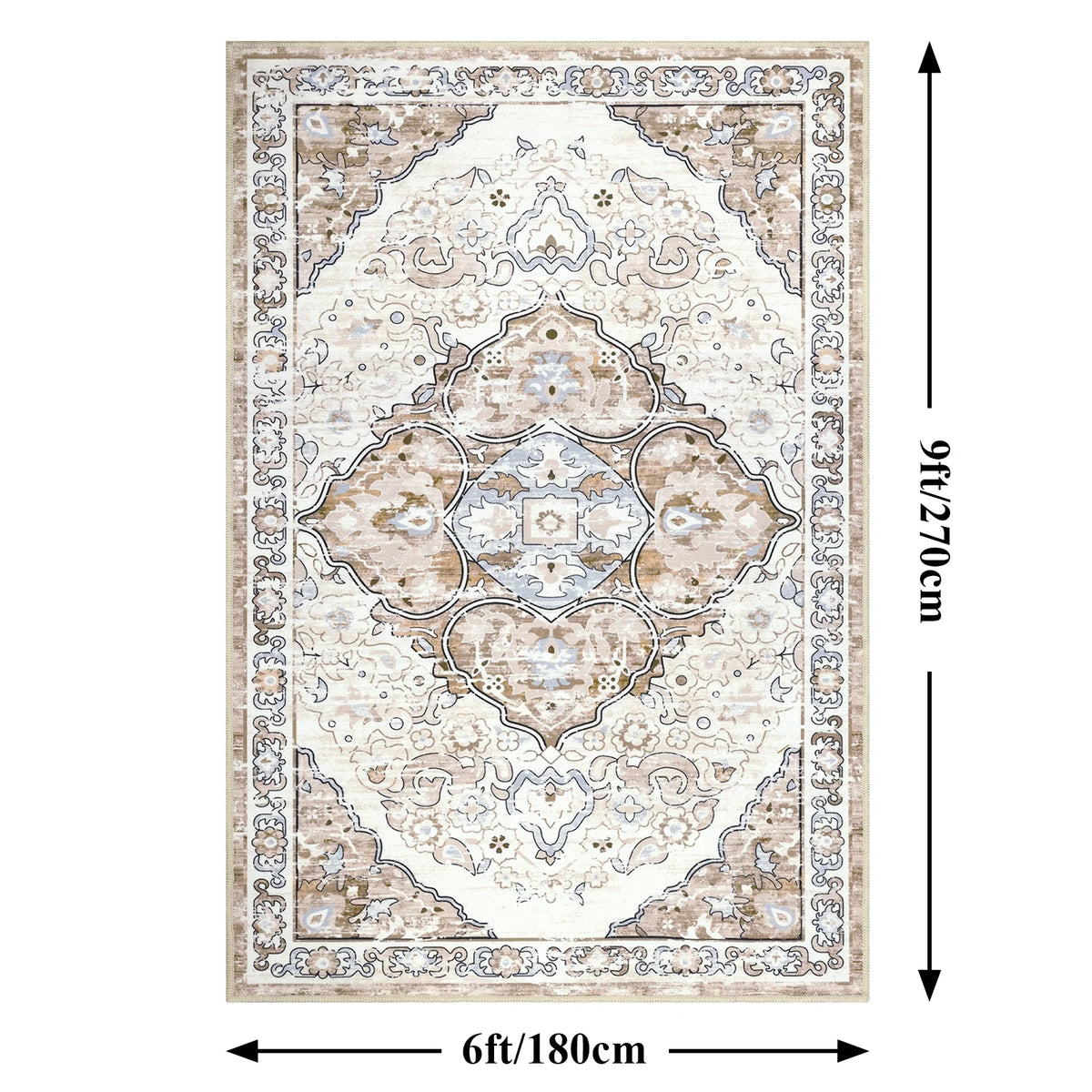 MeyJey Boho Indoor Living Room Area Rug, Non-Slip Machine Washable Vintage Oriental Distressed Floor Carpet for Bedroom Dining Kitchen Hallway Nursery, Beige/Brown