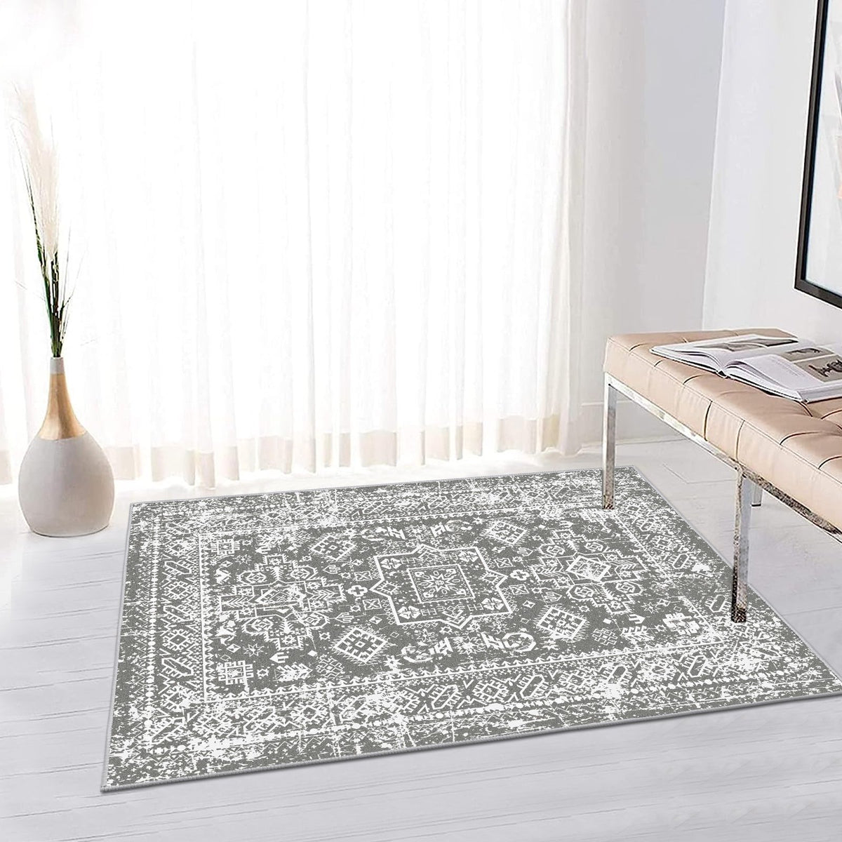 MeyJey Oriental Indoor Area Rug 2'x3' Non-Slip Machine Washable Vintage Distressed Floor Carpet for Living Room Bedroom Dining Kitchen Hallway, Gray