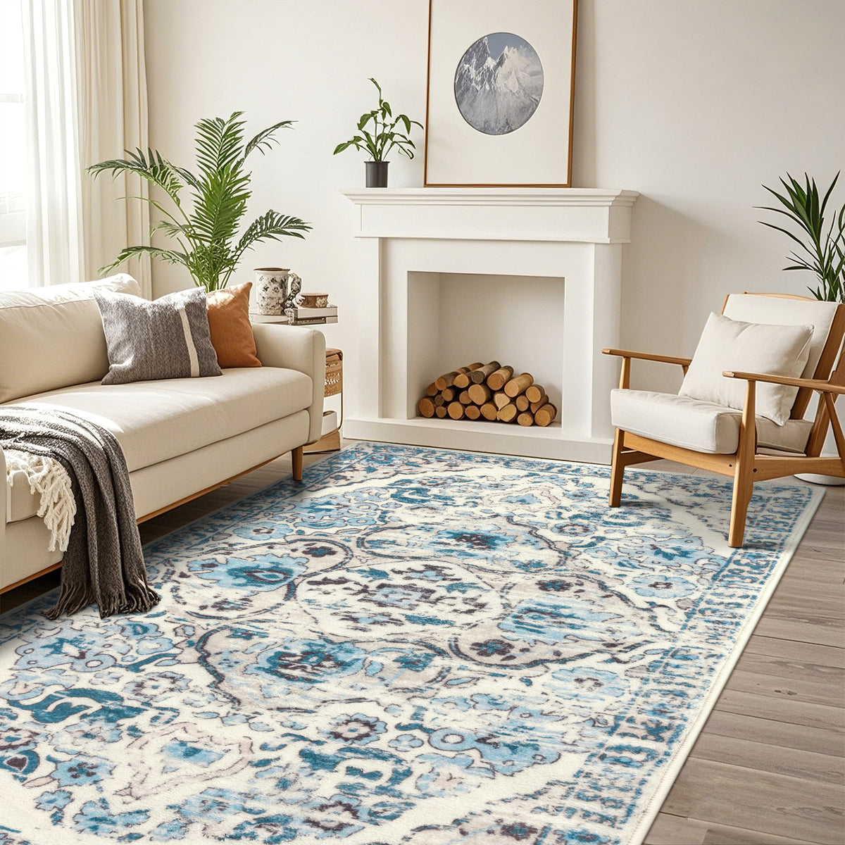 MeyJey Boho Indoor Hallway Runner Rug, Oriental Non Slip Machine Washable Area Rug Distressed Vintage Floor Carpet for Bedroom Kitchen Dinning/Living/Laundry Room, Blue/Beige