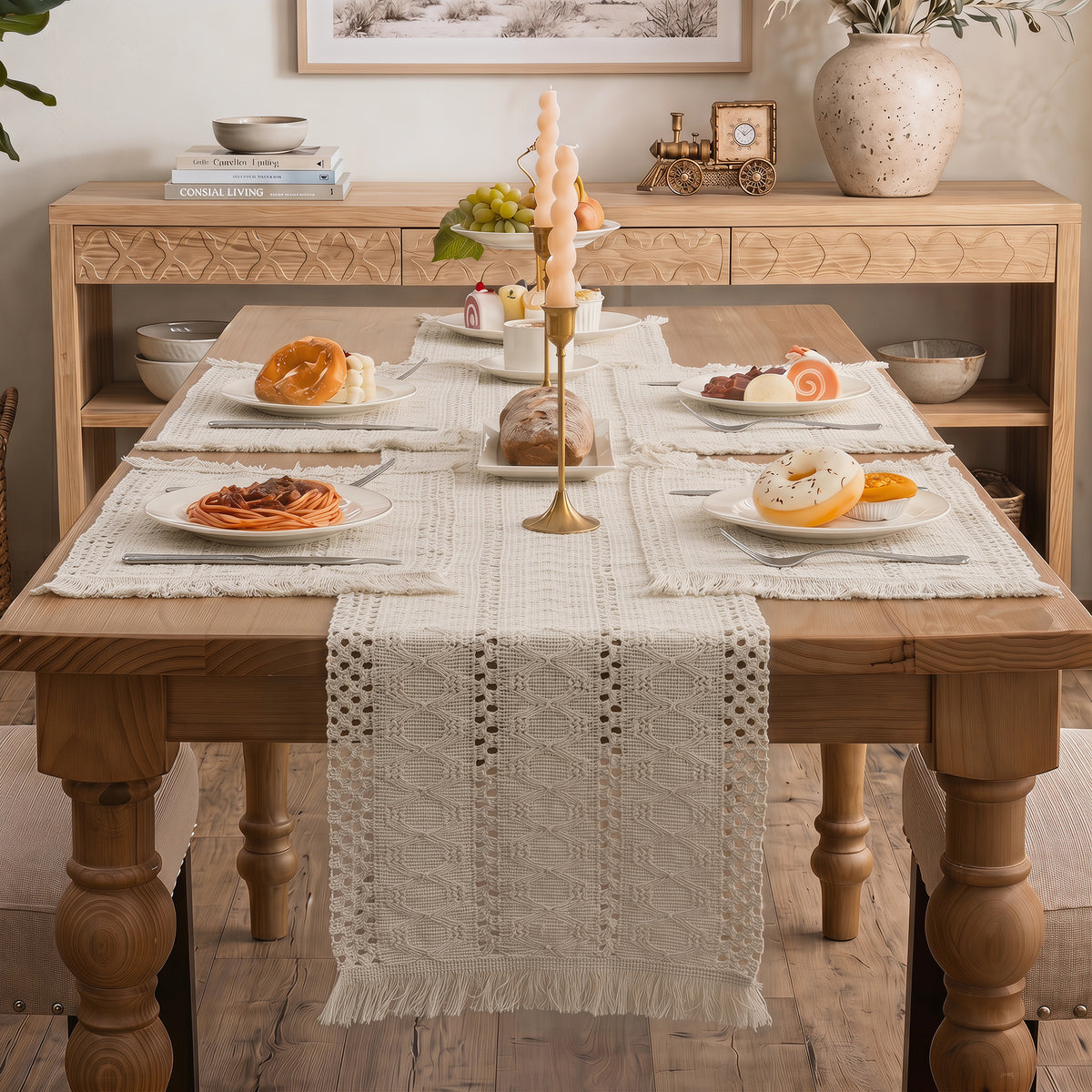 MeyJey 5 Pcs Table Runner and Placemats Set, Washable Fabric Rectangle Dining Table Mats with Tassels for Dining Tables, Kitchen, Beige