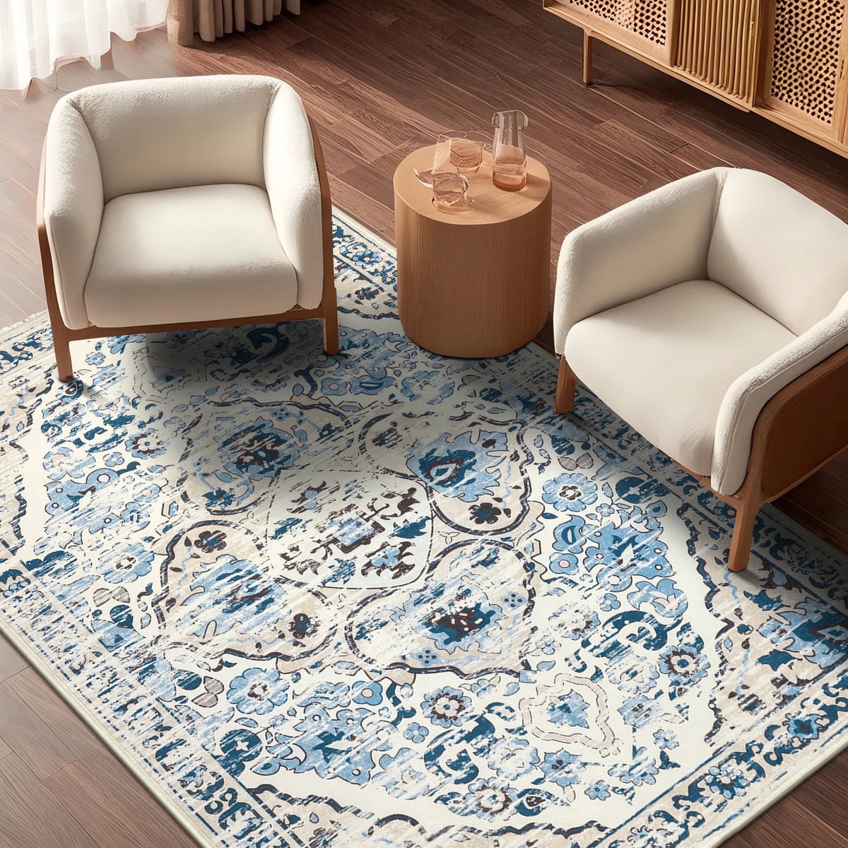 MeyJey Boho Indoor Living Room Area Rug Non-Slip Machine Washable Vintage Oriental Distressed Floor Carpet for Bedroom Dining Kitchen Hallway Nursery