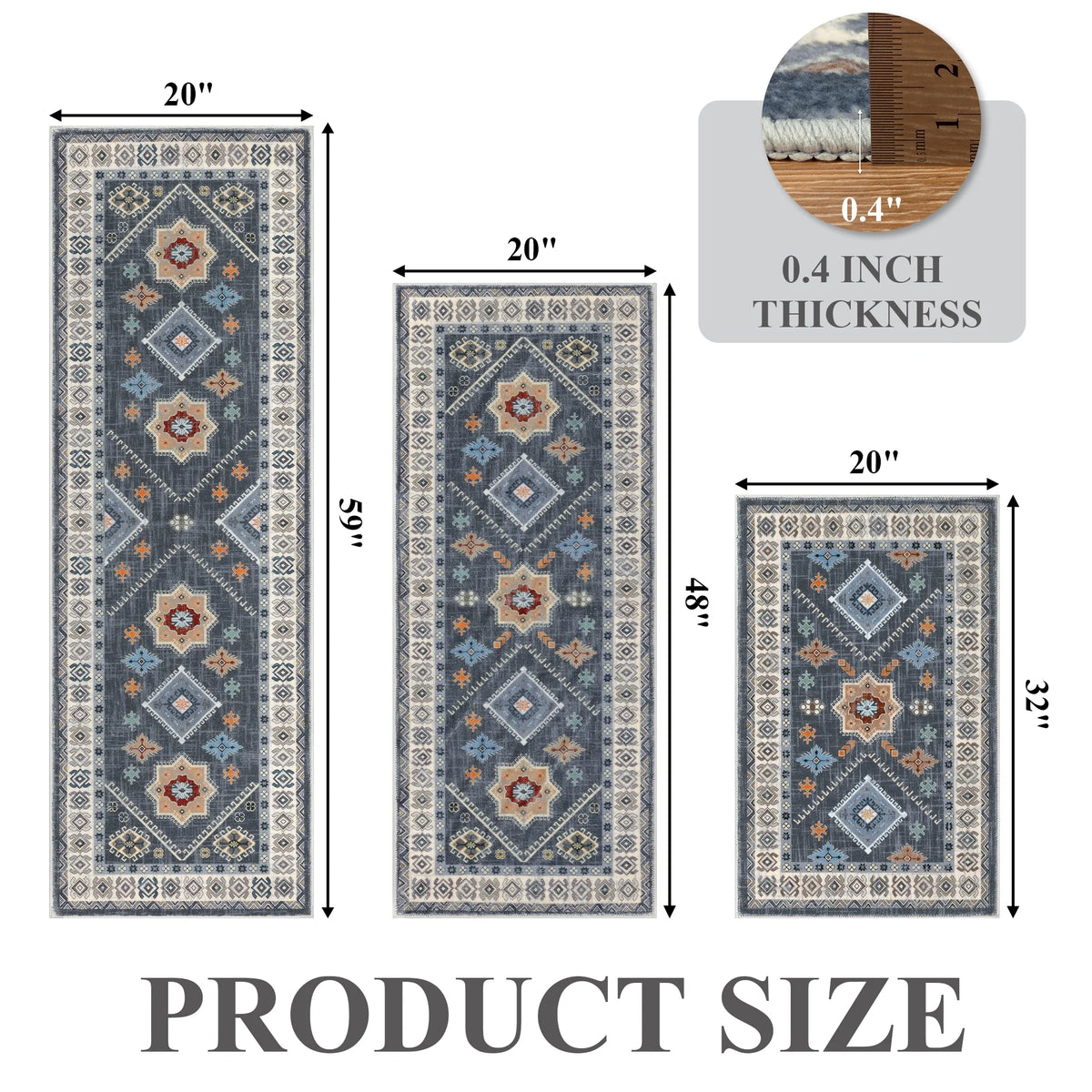 eyJey Vintage Kitchen Rug Set, 3 Piece Non-Slip Kitchen Mat Machine Washable Runner Rug for Home Floor and Living Room