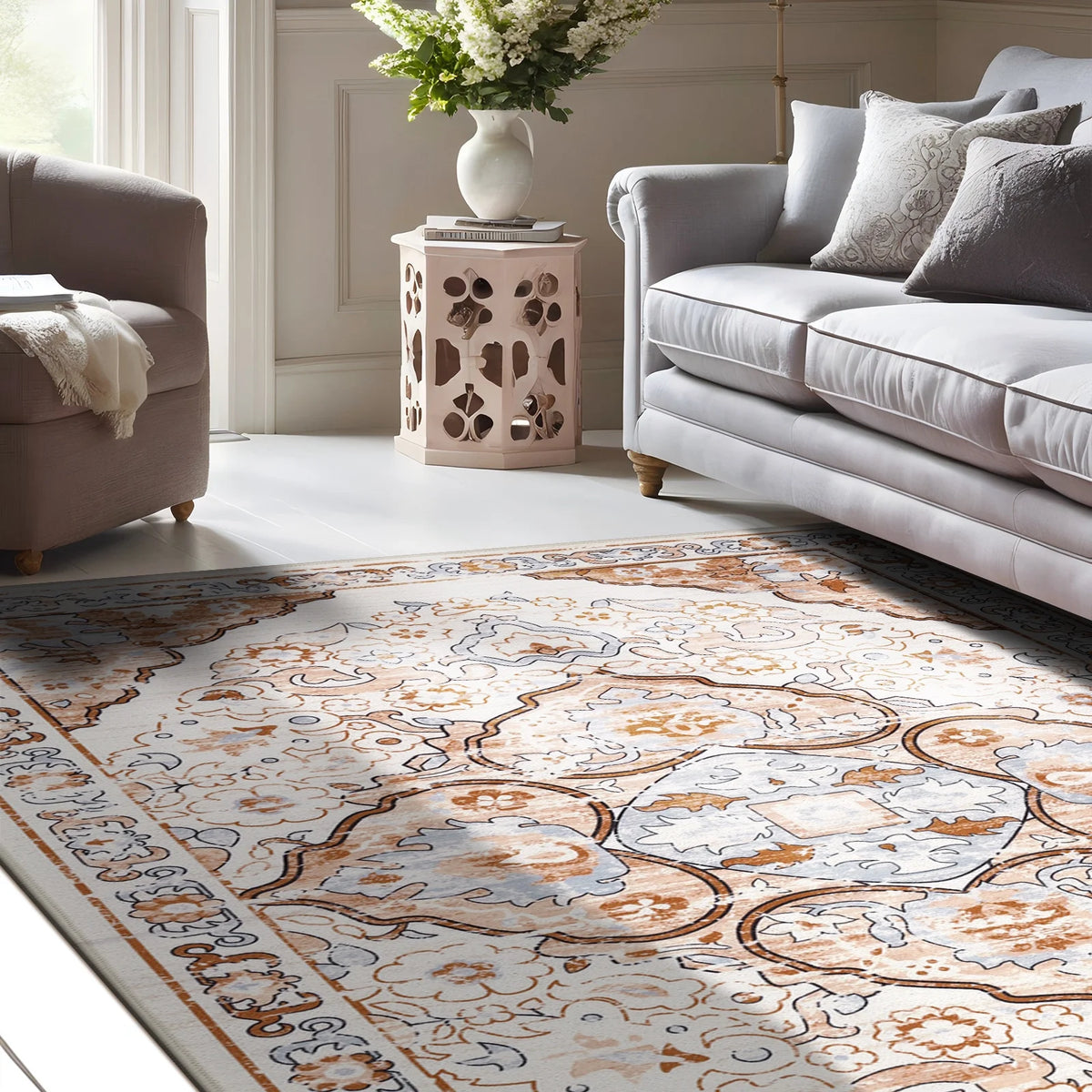MeyJey Boho Indoor Living Room Area RugNon-Slip Machine Washable Vintage Oriental Distressed Floor Carpet for Bedroom Dining Kitchen Hallway Nursery, Cream/Orange