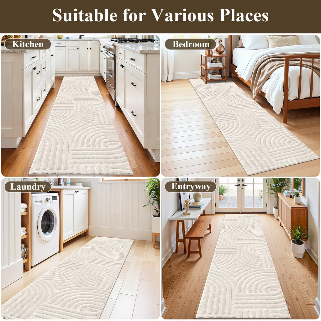 MeyJey Runner Rug for Hallways, Non Slip Modern Jacquard Textured Rugs Soft Geometric Rug for Entryway Bathroom Laundry Dorm, Beige