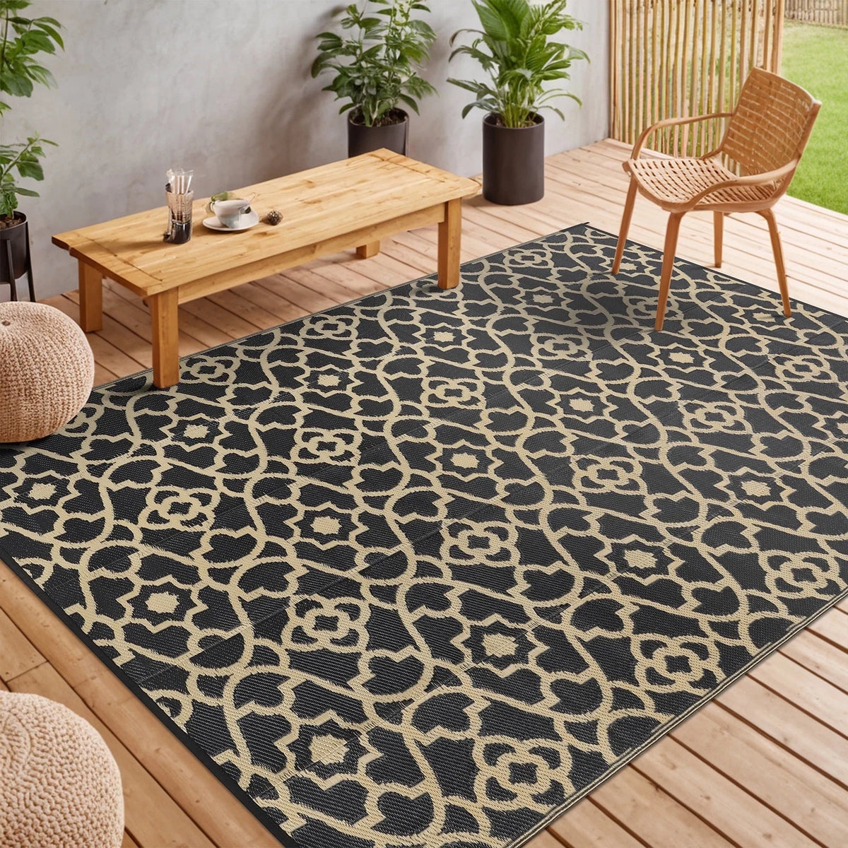 MeyJey Outdoor Rug Reversible Waterproof Oversize Indoor/Outdoor Plastic Mat for RV, Camping, Patio, Black
