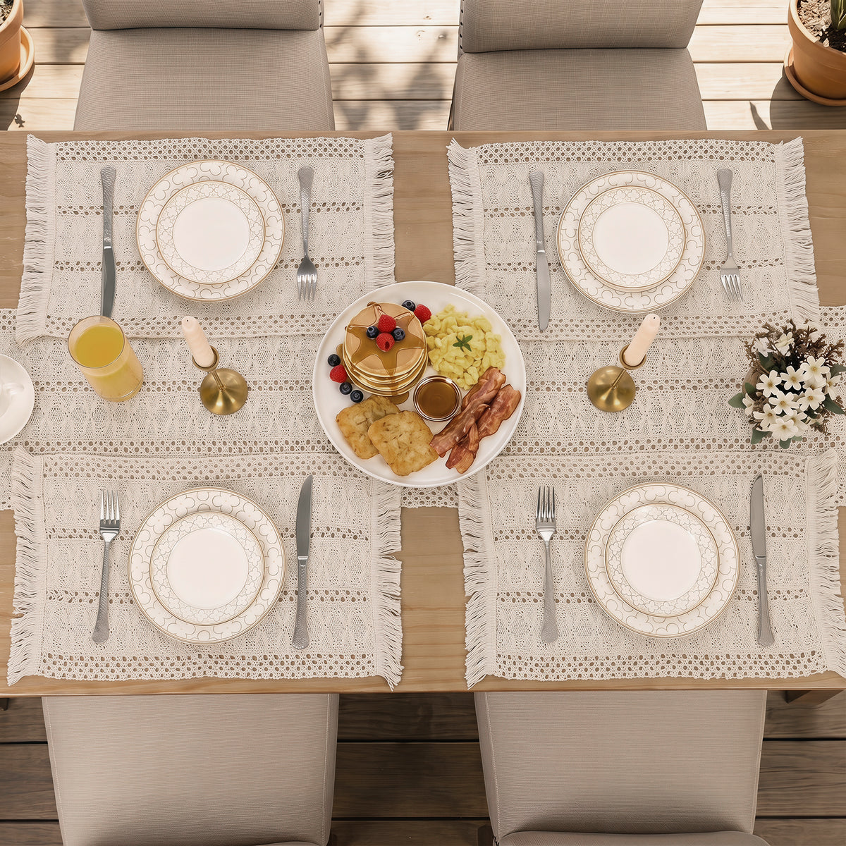 MeyJey 5 Pcs Table Runner and Placemats Set, Washable Fabric Rectangle Dining Table Mats with Tassels for Dining Tables, Kitchen, Beige