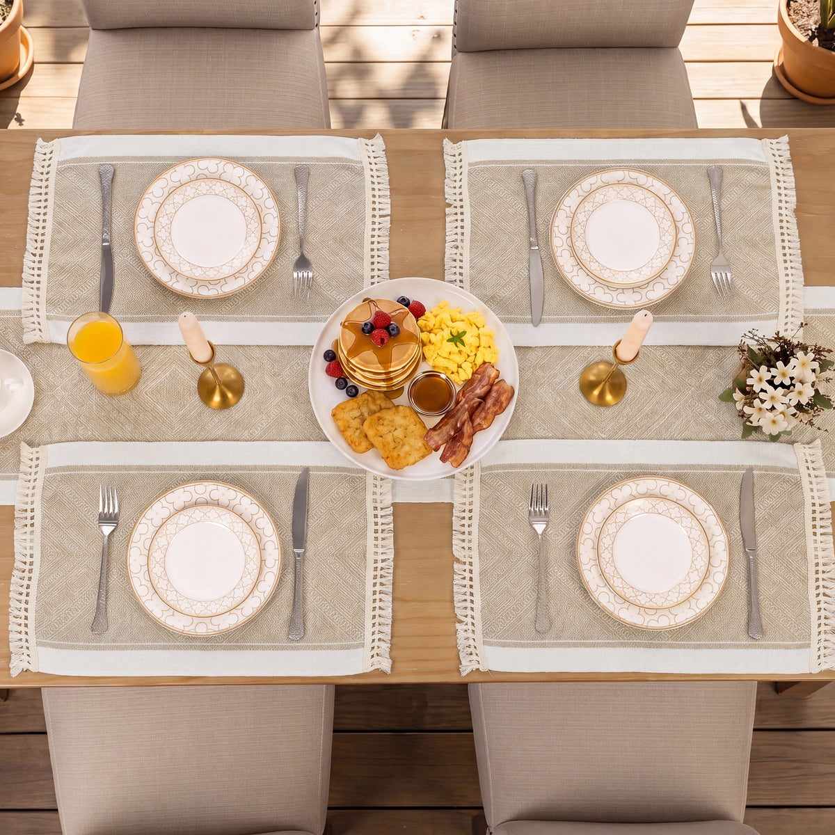 MeyJey 5 Pcs Table Runner and Placemats Set, Washable Fabric Rectangle Dining Table Mats with Tassels for Dining Tables, Kitchen