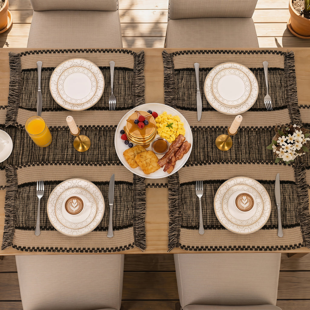 MeyJey 5Pcs Table Runner and Placemats Set, Washable Fabric Rectangle Dining Table Mats with Tassels for Dining Tables, Kitchen, Black/Beige