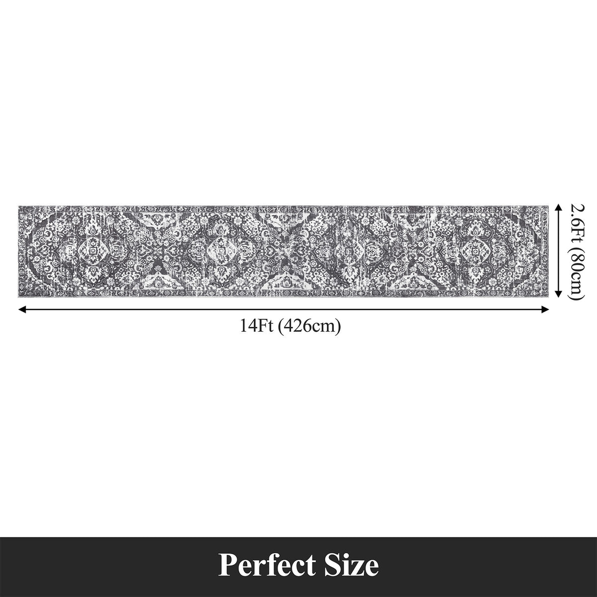 MeyJey Boho Indoor Hallway Runner Rug, Oriental Non Slip Machine Washable Area Rug Distressed Vintage Floor Carpet for Bedroom Kitchen Dinning/Living/Laundry Room, Gray