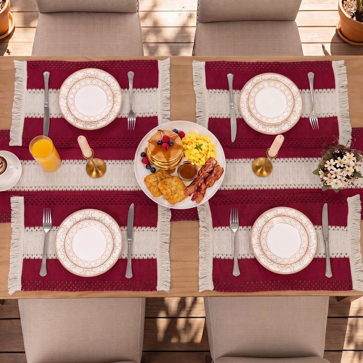 MeyJey 5Pcs Table Runner and Placemats Set, Washable Fabric Rectangle Dining Table Mats with Tassels for Dining Tables, Kitchen, Red