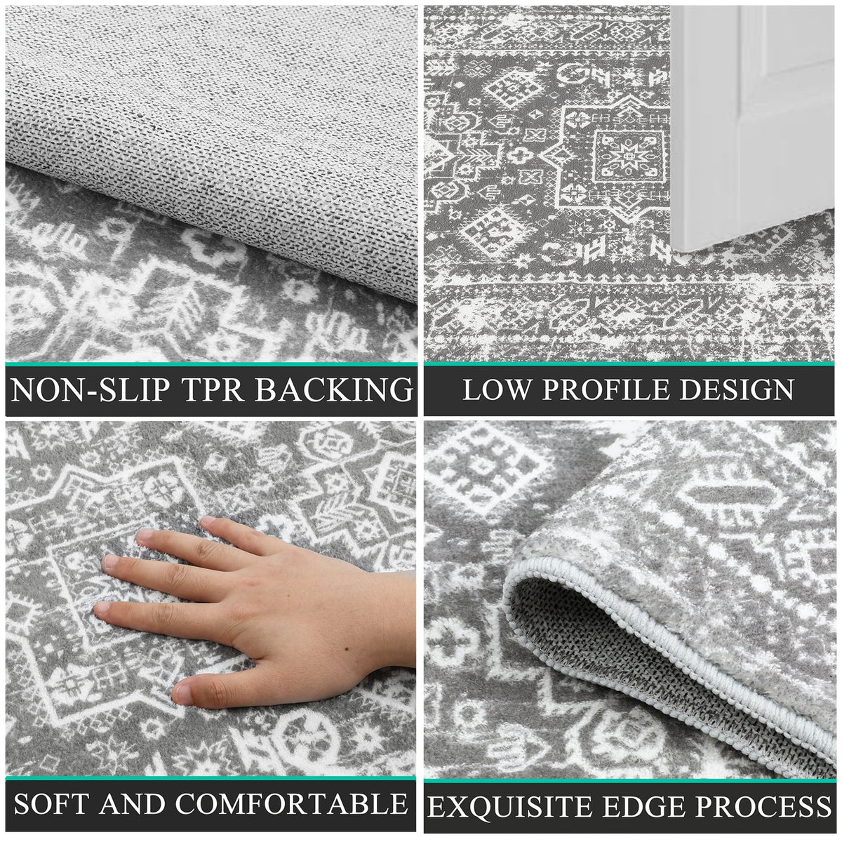 MeyJey Oriental Indoor Area Rug 2'x3' Non-Slip Machine Washable Vintage Distressed Floor Carpet for Living Room Bedroom Dining Kitchen Hallway, Gray