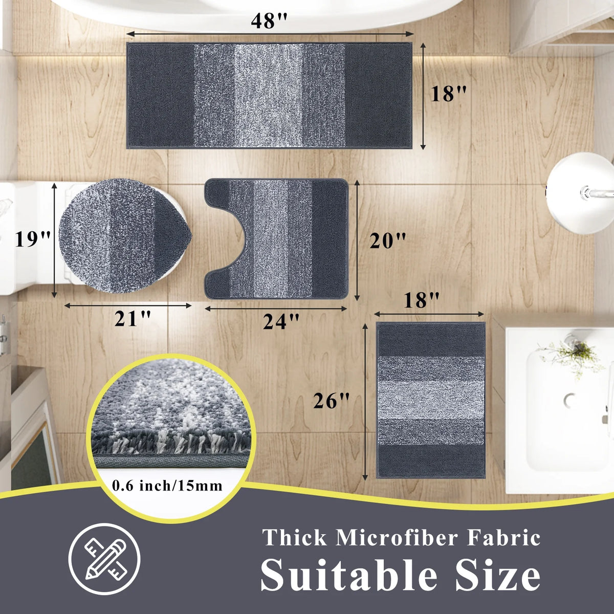MeyJey Striped Microfiber Bath Rug Set Non-Slip, Brown, 4 Count, Machine Washable