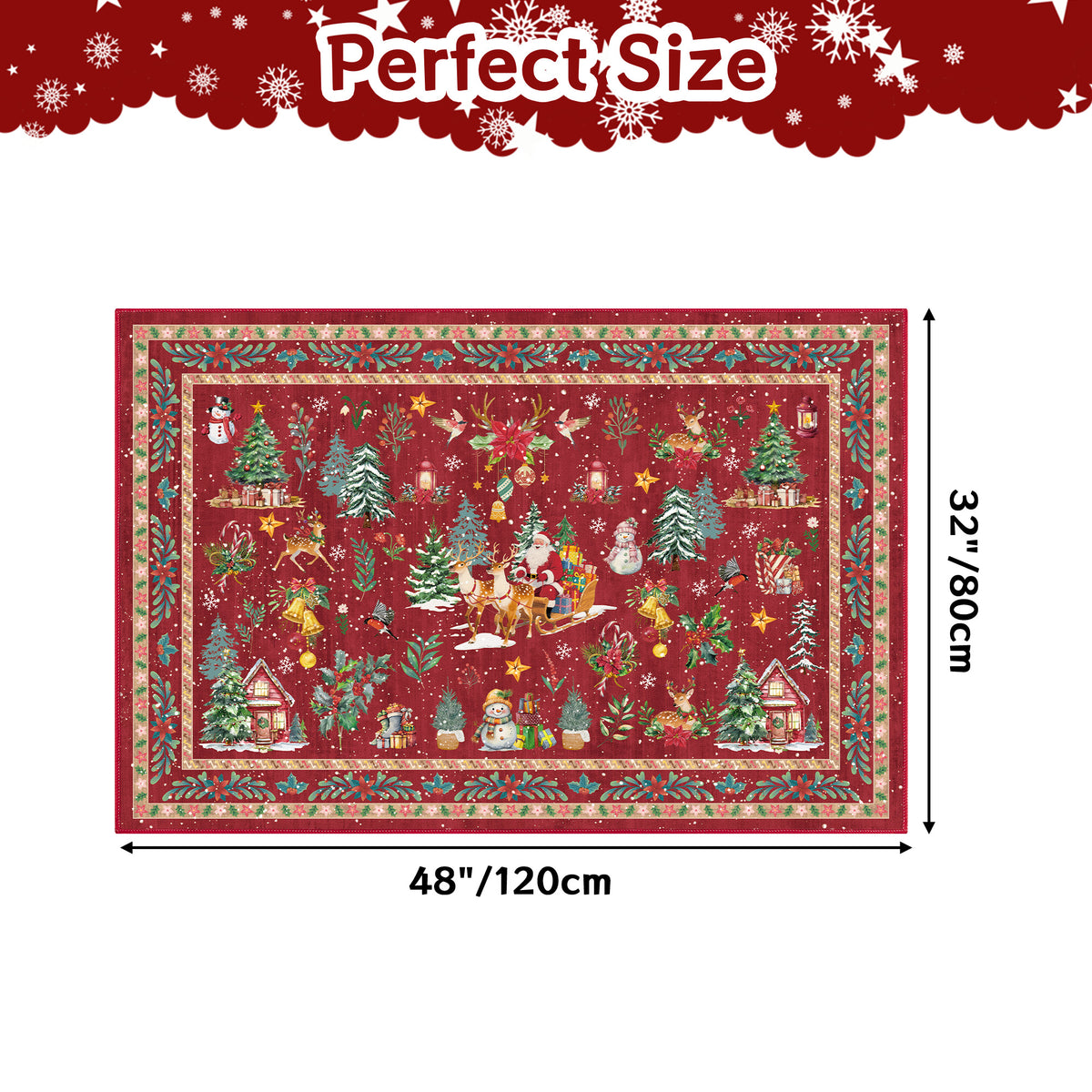 MeyJey 32"x48" Christmas Door Mat, Christmas Snowman Reindeer pattern Doormat, Non Slip Red Front Door Mats for Entryway Indoor Outdoor, Washable Low Profile Floor Carpet for Xmas Holiday Decor