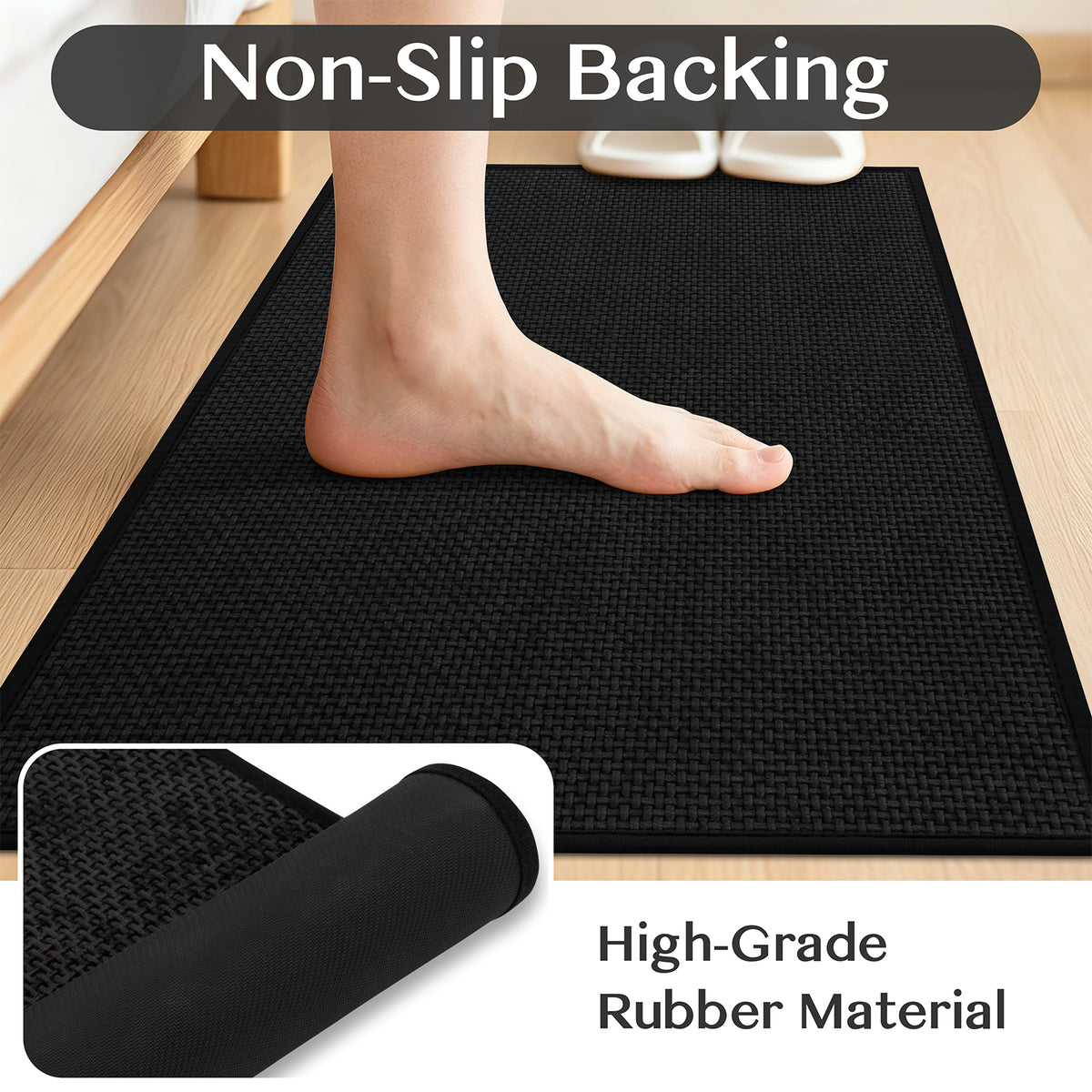 Ileading 3pcs Bathroom Rugs Set with U-Shaped Mat, Non Slip, Soft, Absorbent Bath Mats for Tub, Shower, Toilet 18"x26"+18"x48"+U Shape 20"x24" Black