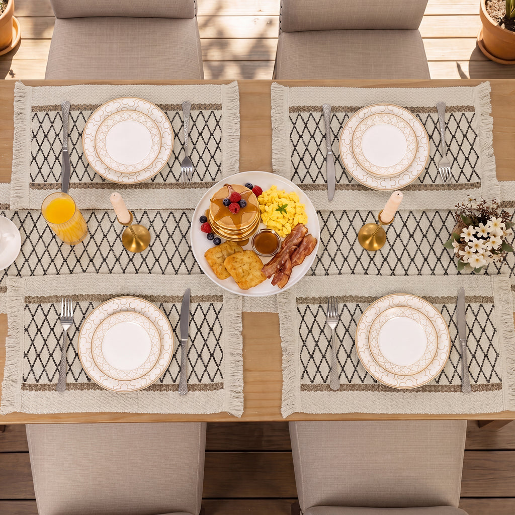 MeyJey 5 Pcs Table Runner and Placemats Set, Washable Fabric Rectangle Dining Table Mats with Tassels for Dining Tables, Kitchen, Black/Beige/Brown