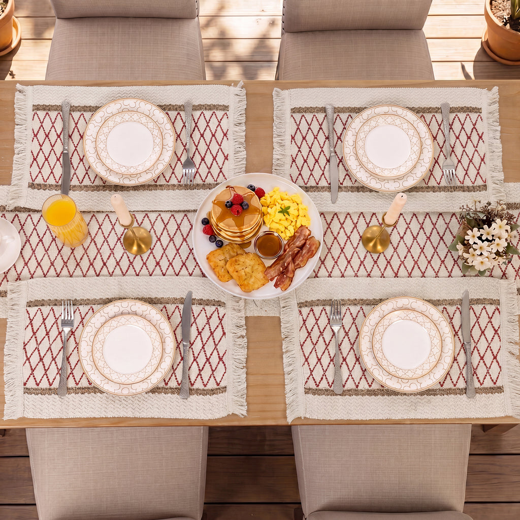 MeyJey 5 Pcs Table Runner and Placemats Set, Washable Fabric Rectangle Dining Table Mats with Tassels for Dining Tables, Kitchen, Red/Beige
