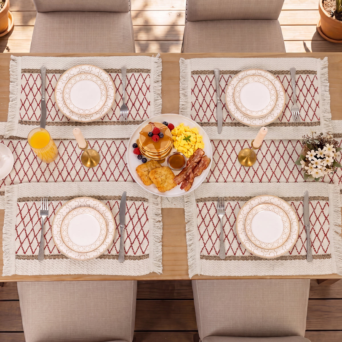 MeyJey 5 Pcs Table Runner and Placemats Set, Washable Fabric Rectangle Dining Table Mats with Tassels for Dining Tables, Kitchen, Red/Beige