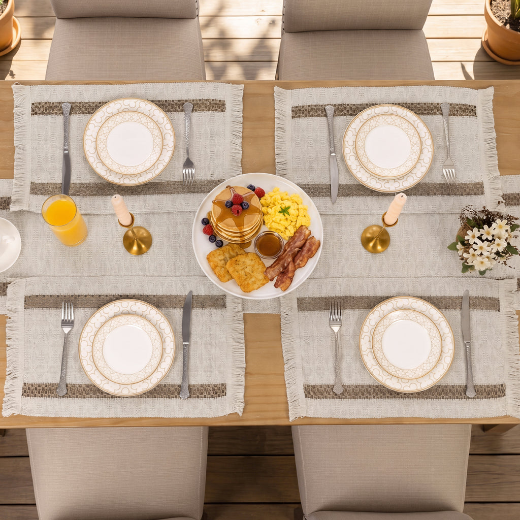 MeyJey 5 Pcs Table Runner and Placemats Set, Washable Fabric Rectangle Dining Table Mats with Tassels for Dining Tables, Kitchen, khaki