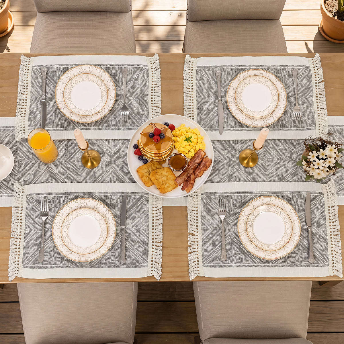 MeyJey 5 Pcs Table Runner and Placemats Set, Washable Fabric Rectangle Dining Table Mats with Tassels for Dining Tables, Kitchen